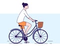 Young girl rides on female bike with basket vector illustration. Healthy lifestyle and rest on nature. Adorable female bicyclist.