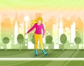 Young girl rides roller skates in park. In the background, silhouette of city in sunshine Royalty Free Stock Photo