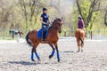 Young girl riding bay horse on equestrian dressage training Royalty Free Stock Photo