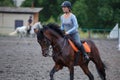 Young girl riding bay horse on equestrian sport training Royalty Free Stock Photo