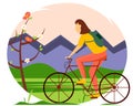 Young girl riding bike among the mountains. Vector illustration of the concept of outdoor activities, travel, cyclin