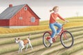 Young girl riding a bike in riural area, a dog running close to her, farmhouse at background, AI generative image Royalty Free Stock Photo