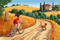 Young girl riding a bike in riural area, a dog running close to her, farmhouse at background, AI generative image Royalty Free Stock Photo