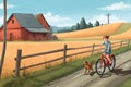 Young girl riding a bike in riural area, a dog running close to her, farmhouse at background, AI generative image Royalty Free Stock Photo