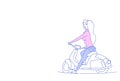 Young girl riding electric scooter vintage motorcycle isolated sketch doodle horizontal