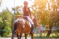 Young girl riding horse on equestrian competition Royalty Free Stock Photo