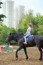 Young girl riding a horse in park near the