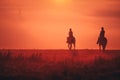 Young girl riding on horse during wonderful calm autumn morning full of mist and gold light Royalty Free Stock Photo