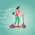 Young girl riding a scooter. Cartoon illustartion. Flat style.