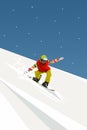 Young girl riding on snowboard, going down the snowy mountain hill. Creative design.