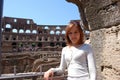 Young girl, ruins, ruins, architecture, roofs of houses Royalty Free Stock Photo