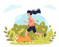 Young girl running with dog in park. Stock vector. Sport and activity with dogs, healthy lifestyle. Royalty Free Stock Photo