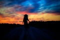 a girl runs along a field road without touching the ground in the evening at sunset a silhouette against the multicolored sky 2 Royalty Free Stock Photo