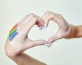 The young girl`s hands took the shape of a heart. A rainbow LGBT flag is depicted on one arm