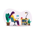 A young girl seat on a office chair and using laptop in her room, remote work place, relaxing work, work from home illustration co Royalty Free Stock Photo