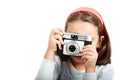 Young girl shooting with an old camera Royalty Free Stock Photo