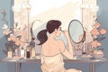 Young girl after shower wearing beige underwear sitting on sofa and doing make up. Woman painting eyelashes in front of mirror in