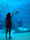 Young girl showcasing fish in an indoor aquarium.