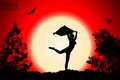 Young girl silhouette with shawl dancing on background of red sunset with trees, birds Royalty Free Stock Photo