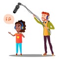 Young Girl Singer Recording A Song In The Studio Vector. Isolated Illustration