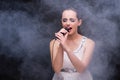 The young girl singing in karaoke club Royalty Free Stock Photo