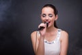 The young girl singing in karaoke club Royalty Free Stock Photo