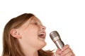 Young girl singing karaoke on white Royalty Free Stock Photo