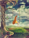 Young girl sit on a swing in the forest