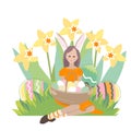 Young girl siting with basket of painted eggs in green grass. Festive spring illustration can be used for Easter design templates