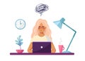 A young girl sits at a table with a laptop and feels sad or depressed. Conceptual illustration about burnout, learning problems, Royalty Free Stock Photo