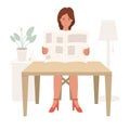 A young girl sits at a table and reads a newspaper, woman reading press or magazine flat vector illustration. Home furnishings and