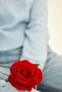 Young girl sitting on a chair holding a red rose in her hand. Royalty Free Stock Photo
