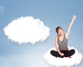 Young girl sitting on cloud and thinking of abstract speech bubble with copy space Royalty Free Stock Photo