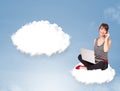 Young girl sitting on cloud and thinking of abstract speech bubble with copy space Royalty Free Stock Photo