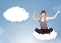 Young girl sitting on cloud and thinking of abstract speech bubble with copy space Royalty Free Stock Photo