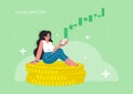 A young girl is sitting on coins and watches the exchange rate go up.Modern flat vector illustration.