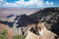 young girl sitting on the edge of the cliff of the Grand Canyon taking photos