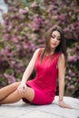 Young girl sitting in front of sakura tree. Spring outside. Pink Blossom tree Royalty Free Stock Photo