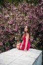 Young girl sitting in front of sakura tree. Spring outside. Pink Blossom tree Royalty Free Stock Photo