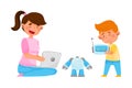 Young Girl Sitting with Kid and Configuring Robot with Laptop Vector Illustration Royalty Free Stock Photo