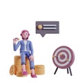 young girl sitting on pile of coins aiming at the target of darts