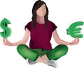 Young girl sitting in yoga position with dollar and euro euro