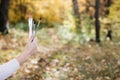 A young girl sketching near a lake in the autumn forest.