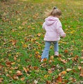 Young girl skipping in the fall leaves. Royalty Free Stock Photo