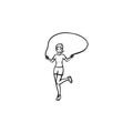 Young girl skipping hand drawn outline doodle icon.