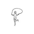 Young girl skipping hand drawn outline doodle icon.