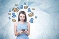 Young girl with smartphone, email icons Royalty Free Stock Photo