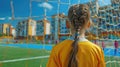Young girl in soccer gear viewed from behind the goal net.