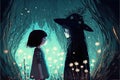 A young girl and a sorceress gaze upon each other within the confines of a forest. Fantasy concept , Illustration painting.