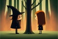 A young girl and a sorceress gaze upon each other within the confines of a forest. Fantasy concept , Illustration painting.